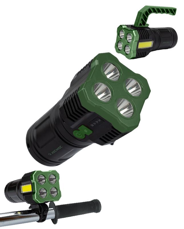 фонарь-прожектор аккумуляторный ручной 4вт smd led+3вт cob led li-ion 18650 1200ма.ч корпус abs-пластик индикатор уровня заряда usb-шнур съемные ручка и регул. противоскол. резин. держатель-крепл. для велосипеда космос koc902lit от BTSprom.by
