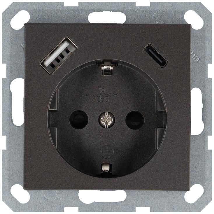 розетка shuko 16а с заземл. защ. шторки с 2-мя заряд. устройствами usb тип a+c 25вт механизм мокко jasmart g5501usb-25z от BTSprom.by