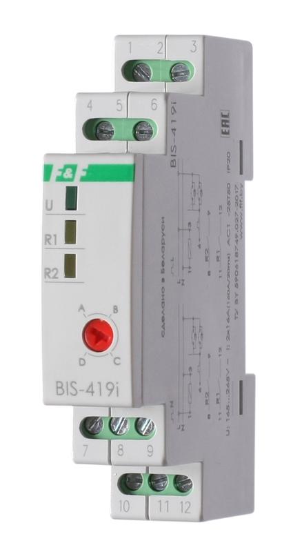 реле импульсное bis-419i (установка на din-рейку; 4 режима работы; управление двумя нагрузками; для нагрузки с больш. пусков. током (160а/20мс)) f&f ea01.005.021 от BTSprom.by