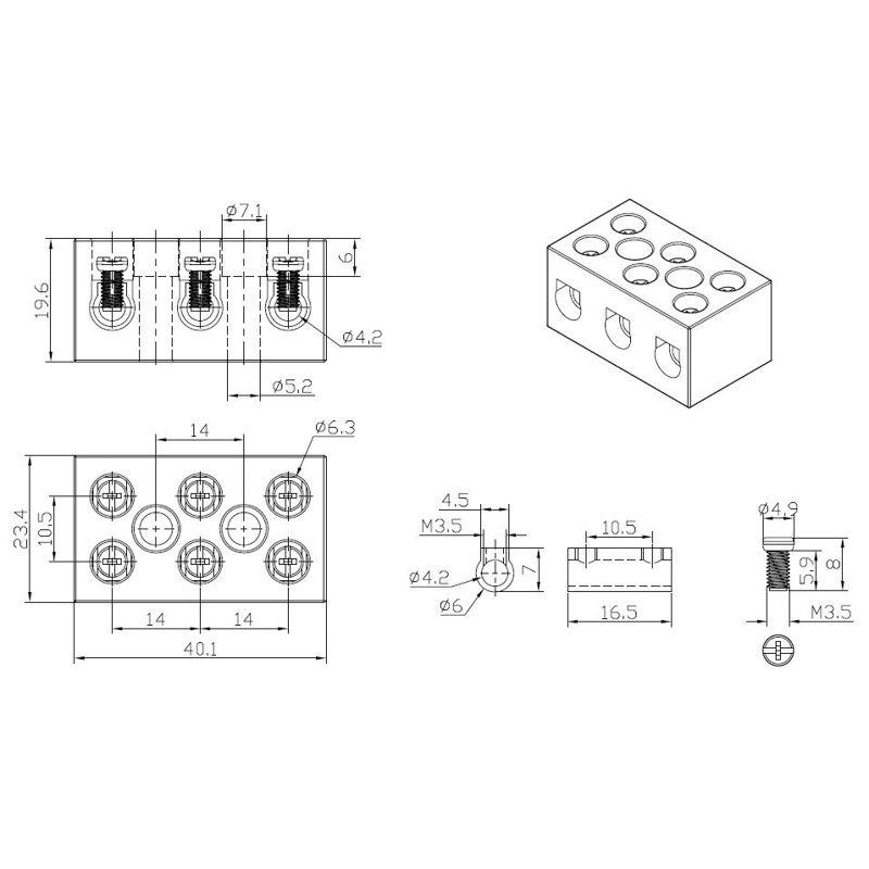  Клемма керамическая винтовая 10кв.мм 3 пары контактов с крепежным отверстием (уп.84шт) Rexant 07-6226 фото в каталоге от BTSprom.by