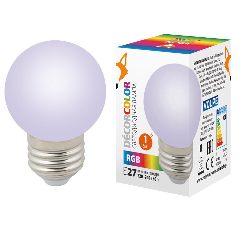 лампа светодиодная led-g45-1w/rgb/e27/fr/с 1вт шар матовая rgb e27 декоративная (упак. картон) volpe ul-00005808 от BTSprom.by