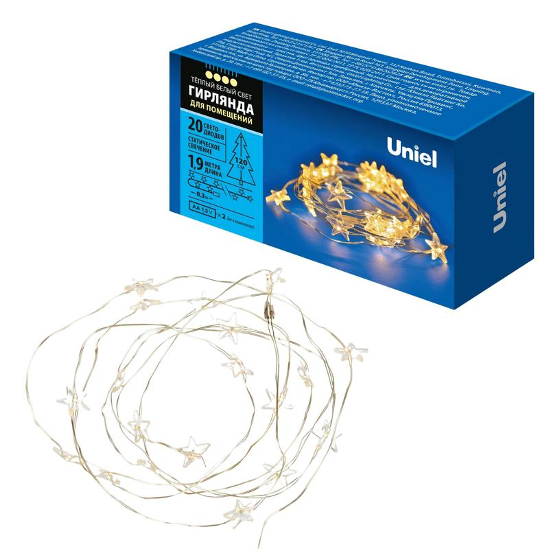 гирлянда uld-s1900-020/stb/2aa warm white ip20 stars mini "звездочки мини" 2aa (не в/к) 1.9м 20 led провод прозр. uniel ul-00008619 от BTSprom.by