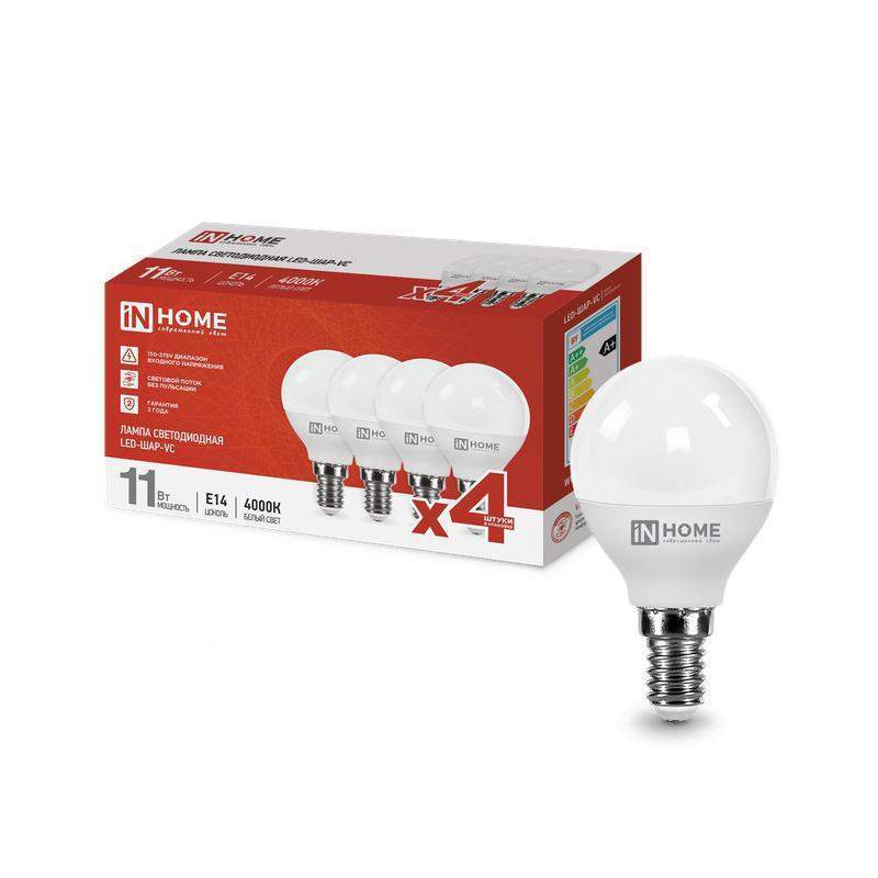 лампа светодиодная led-шар-vc 4pack 11вт 230в e14 4000к 1050лм (уп.4шт) in home 4690612047874 от BTSprom.by