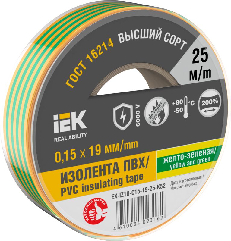 изолента 0.15х19мм (рул.25м) желт./зел. iek ex-iz10-c15-19-25-k52 от BTSprom.by