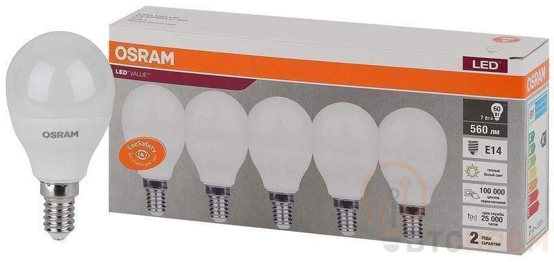 лампа светодиодная led value lvclp60 7sw/830 7вт шар матовая e14 230в 2х5 ru (уп.5шт) osram 4058075578104 от BTSprom.by