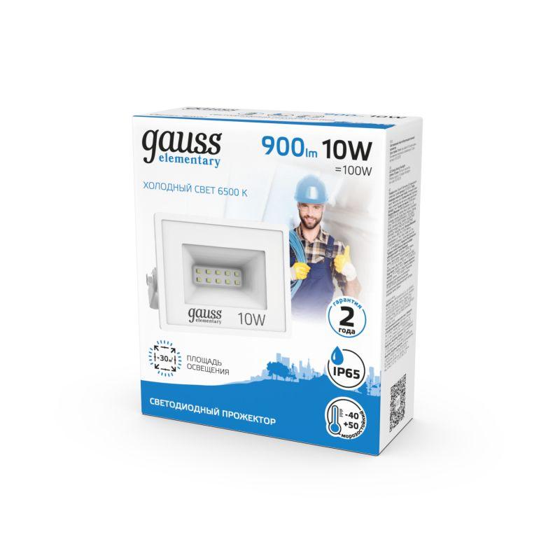  Прожектор светодиодный Elementary 10Вт 6500К IP65 900лм 200-240В ДО бел. GAUSS 613120310 фото в каталоге от BTSprom.by