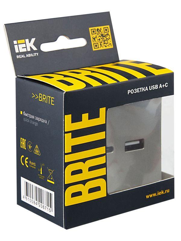  Розетка BRITE USB A+C 18Вт РЮ11-1-БрС механизм сталь IEK BR-U22-018-K46 фото в каталоге от BTSprom.by