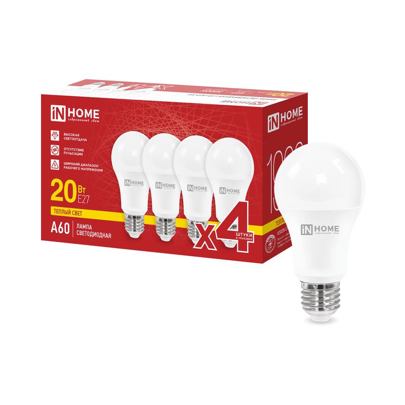 лампа светодиодная led-a60-vc 4pack 20вт грушевидная 3000к e27 1900лм 230в (уп.4шт) in home 4690612063058 от BTSprom.by