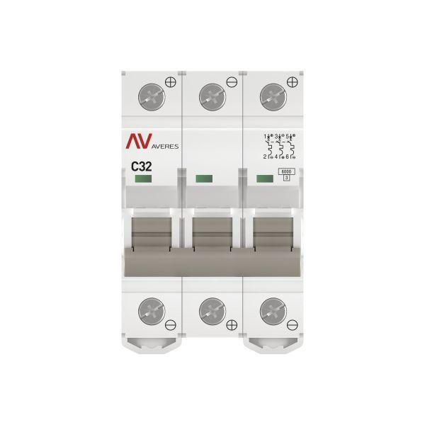  Выключатель автоматический модульный 3п C 32А 6кА AV-6 AVERES EKF mcb6-DC-3-32C-av фото в каталоге от BTSprom.by