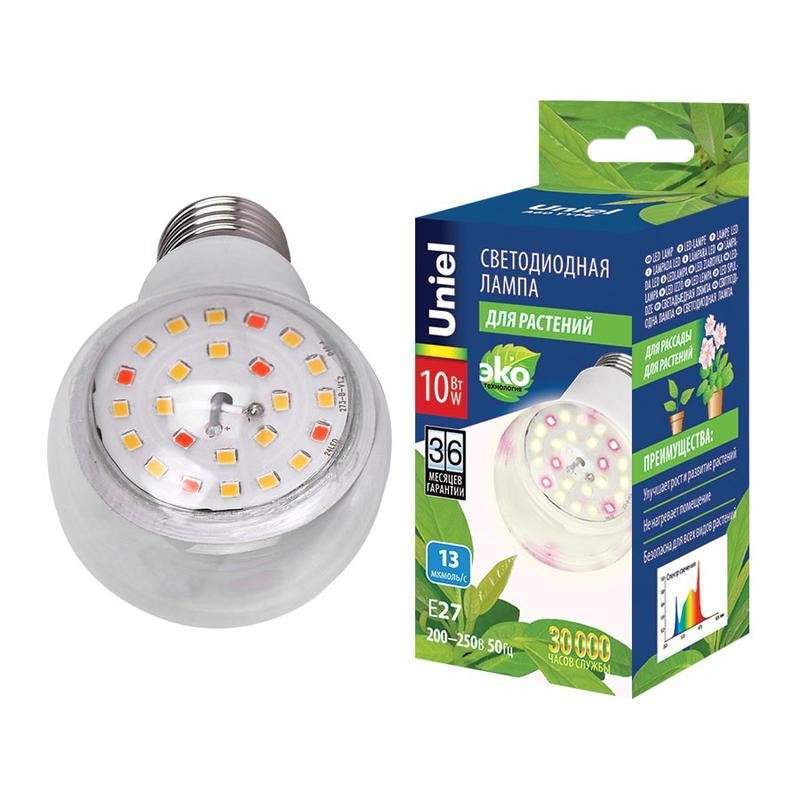 лампа светодиодная led-a60-10w/spfb/e27/cl plp30wh 10вт a60 грушевидная прозрачная для растений спектр для фотосинтеза (упак. картон) uniel ul-00007404 от BTSprom.by