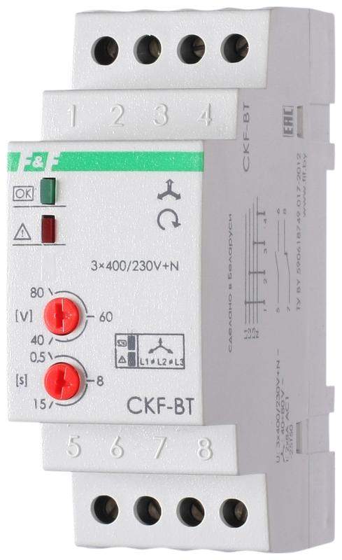 реле контроля наличия и чередования фаз ckf-bt (монтаж на din-рейке 35мм; микропроцессорный; регулировка порога отключения и времени отключения; контроль верхнего и нижнего значений напряжения; 3х400/230+n 2х8а 1z 1r ip20) f&f ea04.002.004 от BTSprom.by