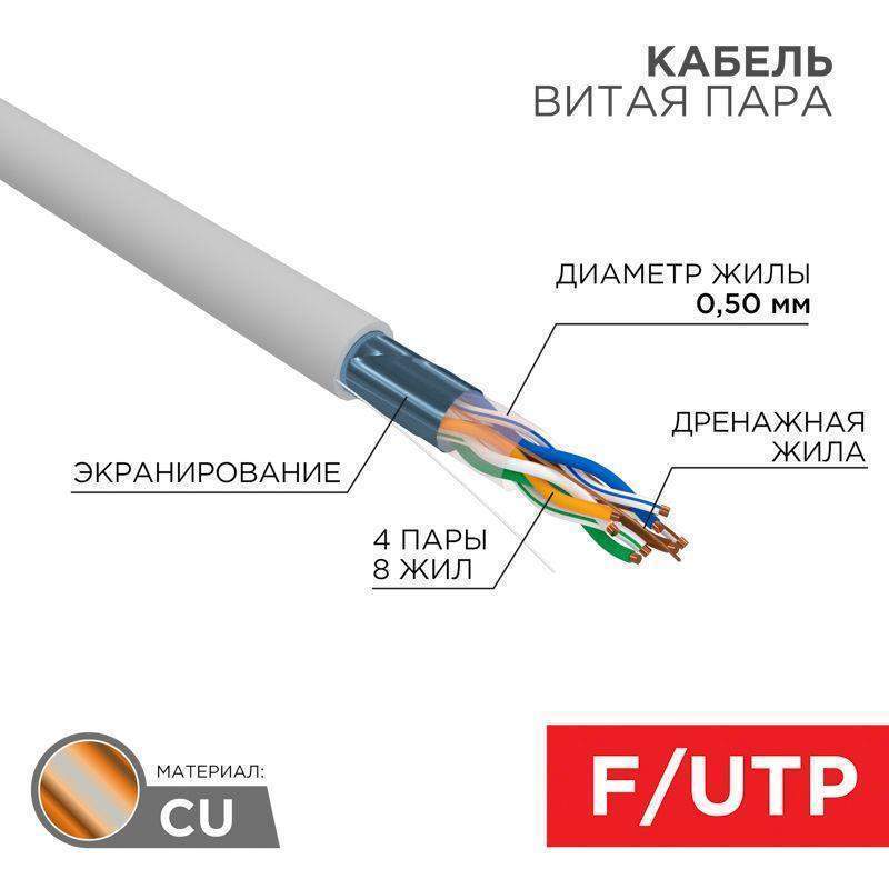 кабель витая пара f/utp кат.5e 4х2х24awg solid cu pvc сер. (м) rexant 01-0143 от BTSprom.by