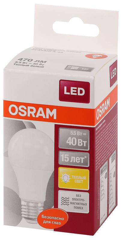 лампа светодиодная led star classic a 40 5.5w/827 5.5вт грушевидная матовая 2700к тепл. бел. e27 470лм 220-240в пластик. osram 4052899971516 от BTSprom.by