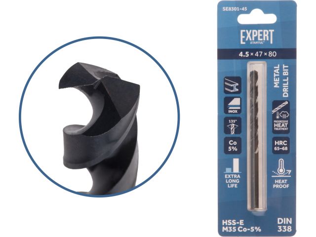 сверло по металлу ц/х 4.5х47х80 мм hss-co black expert startul (кобальт 5%) se8301-45 от BTSprom.by