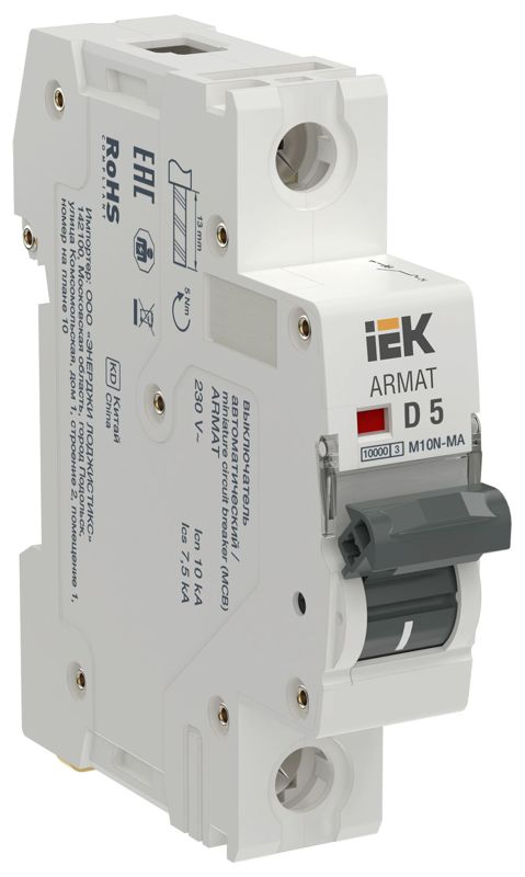 выключатель автоматический модульный 1п d 5а m10n-ma без тепл. расцеп. armat iek ar-m10n-ma-1-d005 от BTSprom.by