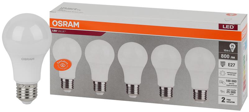 лампа светодиодная led value lvcla75 10sw/840 10вт грушевидная матовая e27 230в 2х5 ru (уп.5шт) osram 4058075577749 от BTSprom.by