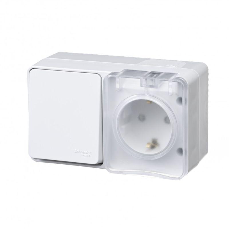 блок оп atlasdesign profi54 (розетка 16а 250в с заземл. защ. шторки + 1-кл. выкл. 10а) ip54 бел. se atn540170 от BTSprom.by