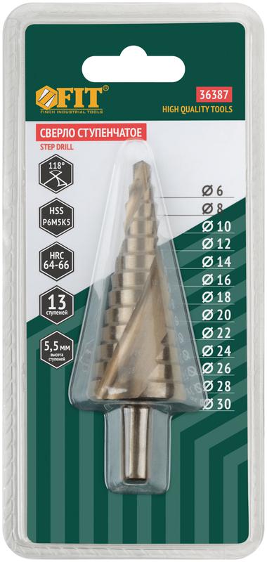  Сверло ступенчатое по металлу HSS Co5% (Р6М5К5) 13 ступеней 6-30мм спиральный профиль FIT 36387 фото в каталоге от BTSprom.by