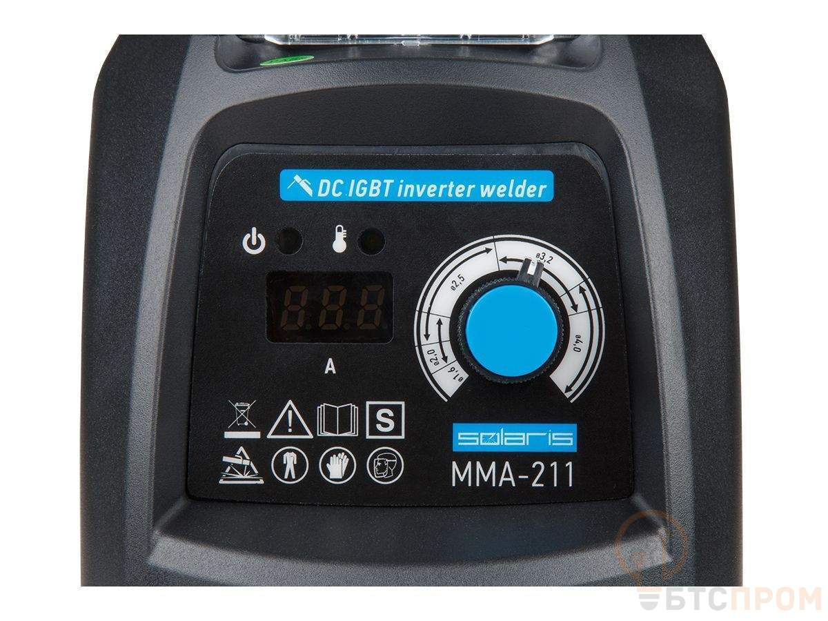  Инвертор сварочный SOLARIS MMA-211 (230В, 20-210 А, 70В, электроды диам. 1.6-4.0 мм, вес 3.9 кг) фото в каталоге от BTSprom.by