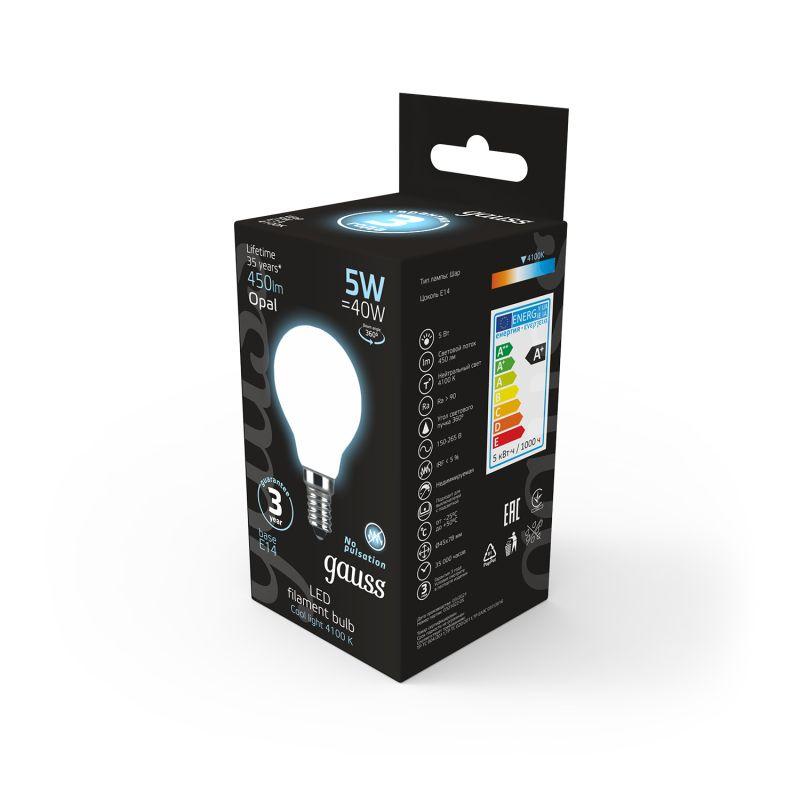 Лампа светодиодная филаментная Black Filament 5Вт P45 шар матовая 4100К нейтр. бел. E14 450лм GAUSS 105201205 фото в каталоге от BTSprom.by