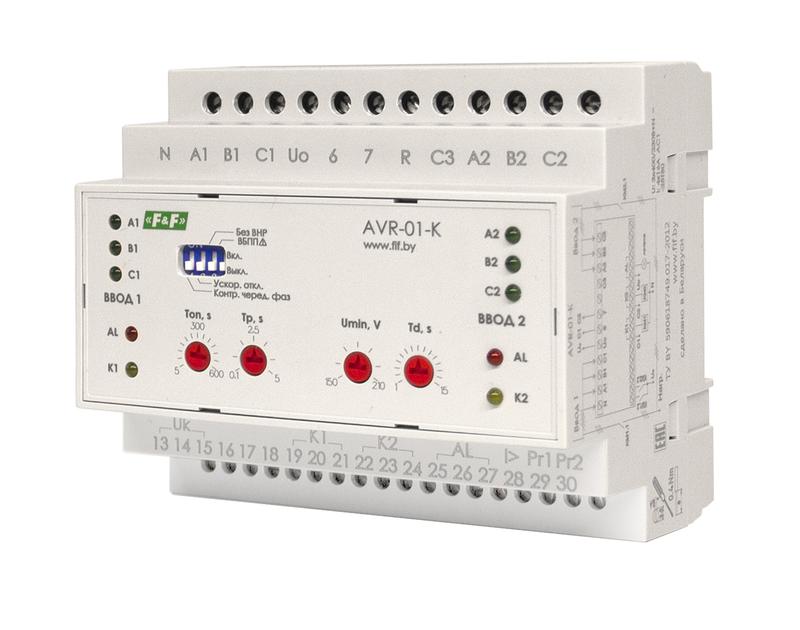 устройство управления резервным питанием avr-01-k (2 ввода; 1 нагрузка 35мм 3х400в+n 2х16а 2p ip20 монтаж на din-рейке) f&f ea04.006.001 от BTSprom.by