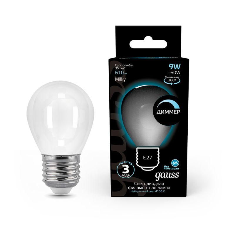 лампа светодиодная филаментная black filament 9вт p45 шар матовая 4100к нейтр. бел. e27 610лм диммир. gauss 105202209-d от BTSprom.by
