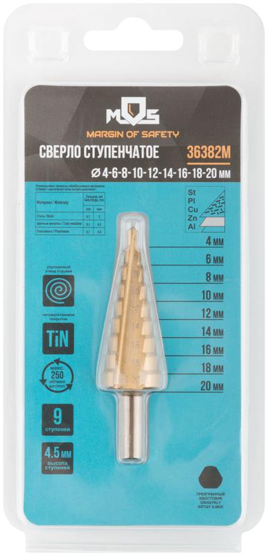  Сверло ступенчатое HSS по металлу 9 ступеней 4-20мм MOS 36382М фото в каталоге от BTSprom.by