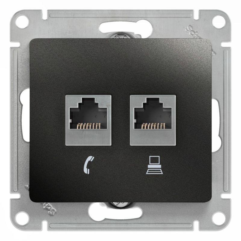 розетка компьютерная + телефонная 2-м сп glossa rj45 + rj11 кат.5e механизм антрацит se gsl000785 от BTSprom.by