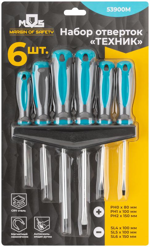  Набор отверток "Техник" на держателе CrV сталь прорезиненные ручки PH0.1.2+SL4.5.6 (уп.6шт) MOS 53900М фото в каталоге от BTSprom.by