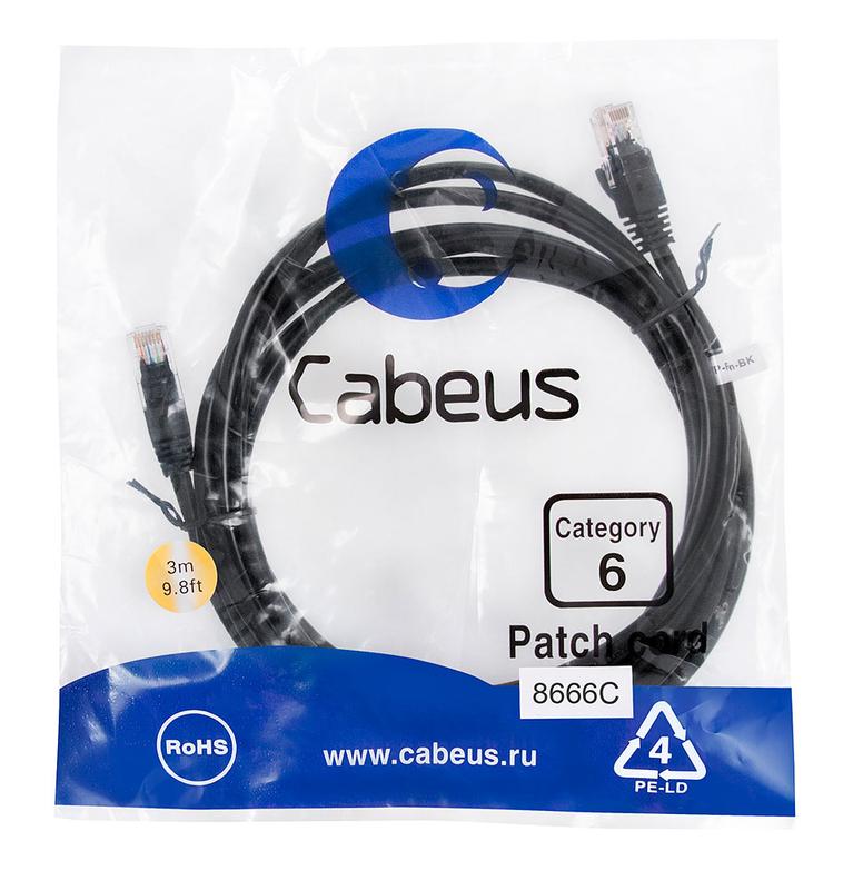 патч-корд u/utp кат.6 pc-utp-rj45-cat.6-3m-bk 2xrj45/8p8c неэкранир. pvc 3м черн. cabeus 8666c от BTSprom.by