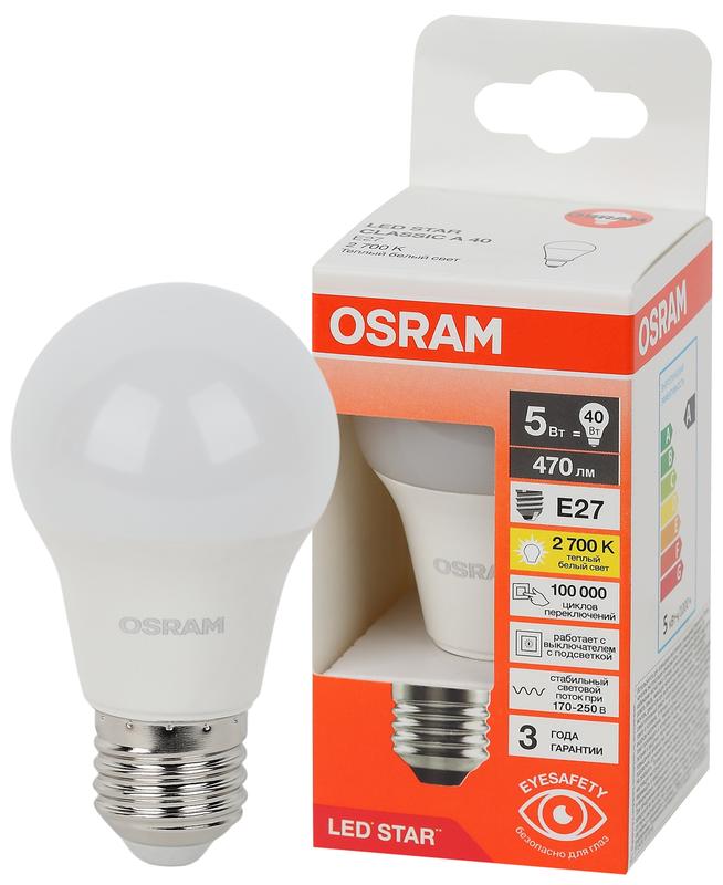 лампа светодиодная led star 5вт 2700к тепл. бел. e27 470лм a угол пучка 180град. 170-250в (замена 40вт) матов. пластик osram 4058075695566 от BTSprom.by