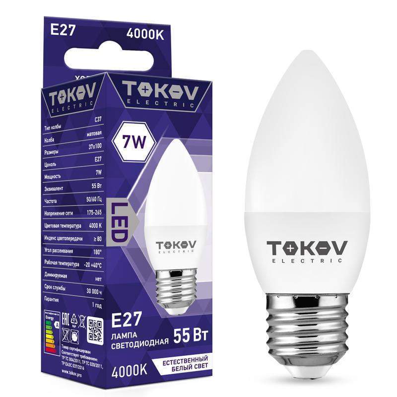 лампа светодиодная 7вт с37 4000к е27 176-264в tokov electric tke-c37-e27-7-4k от BTSprom.by