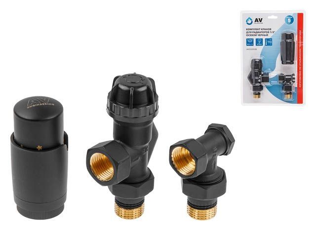 комплект кранов осевой 1/2" для радиатора черный, av engineering (инд. упак.) (m30x1.5) ave32012b от BTSprom.by