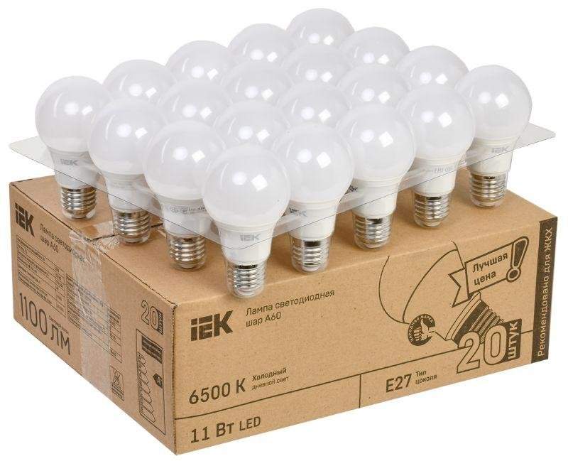 лампа светодиодная a60 шар 11вт 230в 6500к e27 (уп.20шт) iek lle-a60-11-230-65-e27-20 от BTSprom.by
