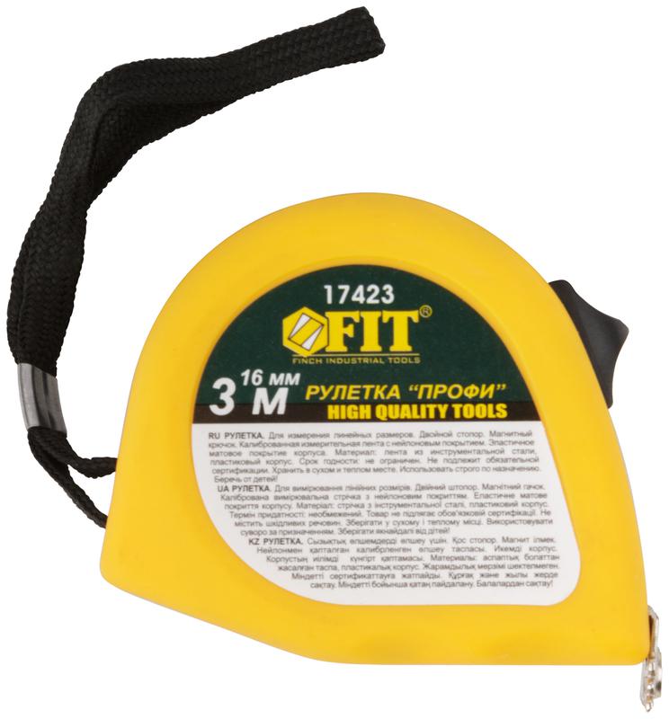  Рулетка Профи 3мх16мм калибр. лента; нейлон. покрытие; магн. крючок; эласт. корпус; двойн. стопор черн./желт. FIT 17423 фото в каталоге от BTSprom.by