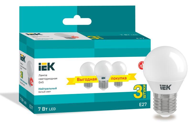 лампа светодиодная 7вт g45 шар 4000к нейтр. бел. e27 230в (уп.3шт) iek lle-g45-07-230-40-e27-3 от BTSprom.by
