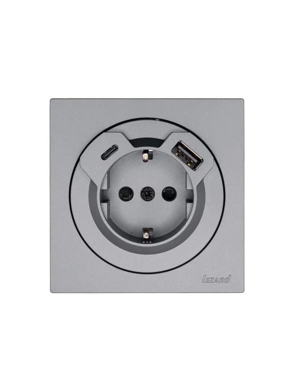  Розетка 1-м СП OSEN с заземл. TC + USB разъем механизм сер. матов. LEZARD 743-7488-181TC фото в каталоге от BTSprom.by