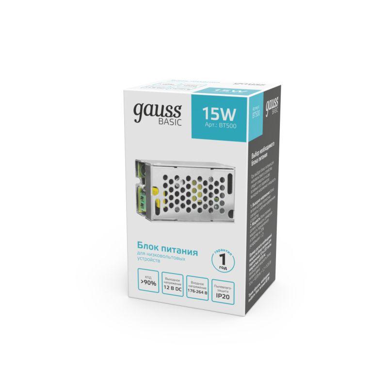  Блок питания для светодиодной ленты Basic 15Вт 12В IP20 (драйвер) GAUSS BT500 фото в каталоге от BTSprom.by