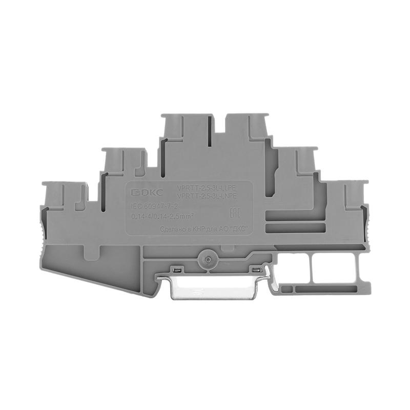  Клемма трехуровневая проходной уровень; син. и заземл.; зажим push-in; 6 точек подключения; 2.5кв.мм DKC VPRTT-2.5-3L-LNPE фото в каталоге от BTSprom.by