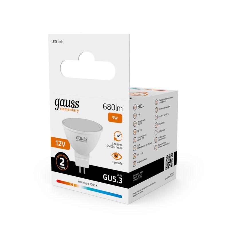 Лампа светодиодная Elementary 9Вт MR16 софит 3000К тепл. бел. GU5.3 680лм 12В GAUSS 11519 фото в каталоге от BTSprom.by