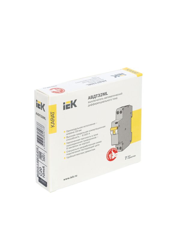  Выключатель автоматический дифференциального тока C 20А 10мА АВДТ32МL KARAT IEK MVD12-1-020-C-010 фото в каталоге от BTSprom.by