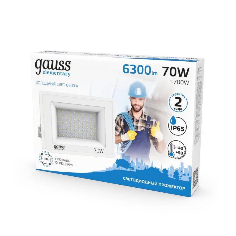  Прожектор светодиодный Elementary 70Вт 6500К IP65 6300лм 175-265В ДО бел. GAUSS 613120370 фото в каталоге от BTSprom.by
