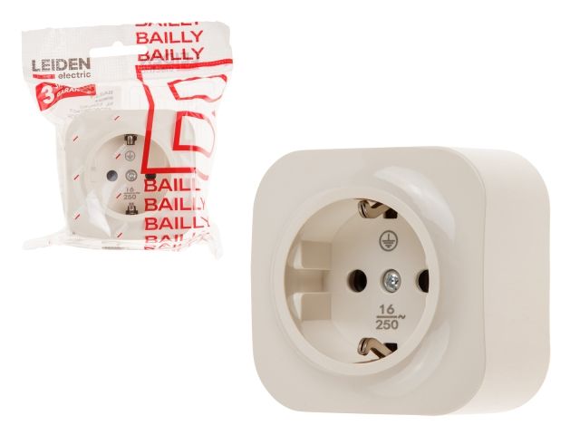 розетка 1-ая (открытая, с/з) бежевая, bailly, leiden electric 806024 от BTSprom.by