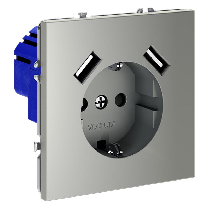  Розетка 1-м СП S70 16А с USB A+A с заземл. защ. шторки механизм сталь Voltum VLS040405 фото в каталоге от BTSprom.by