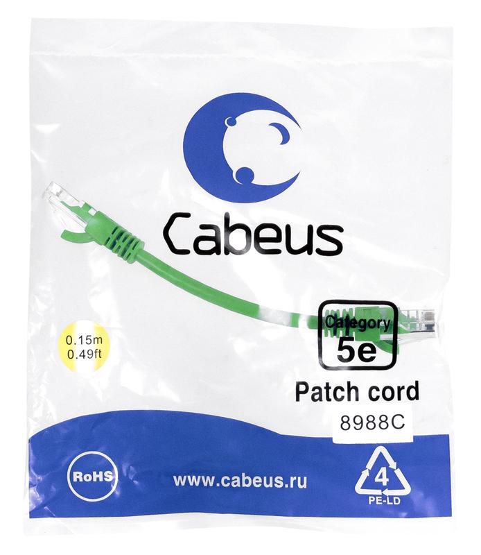 патч-корд u/utp кат.5e pc-utp-rj45-cat.5e-0.15m-gn 2xrj45/8p8c неэкранир. pvc 0.15м зел. cabeus 8988c от BTSprom.by