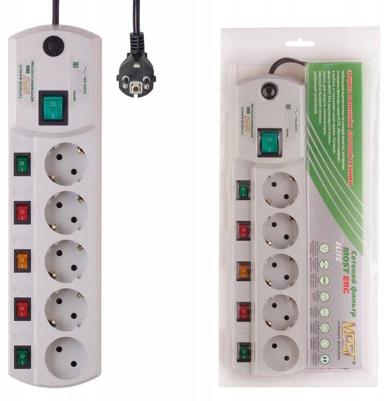 удлинитель с сетевым фильтром 5х5м erg бел. (коробка) most 599876 от BTSprom.by