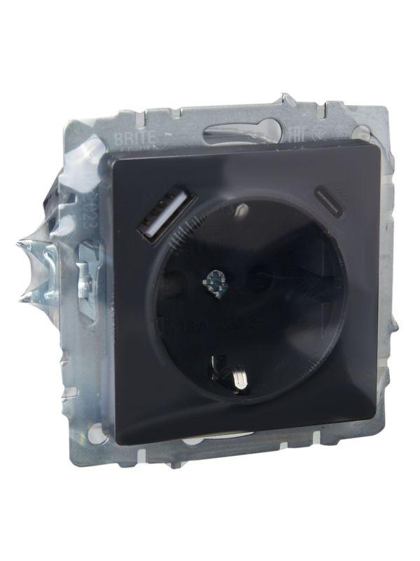  Розетка BRITE РЮш11-1-БрГ 16А с USB A+C 18Вт с заземл. защ. шторки механизм графит IEK BR-R14-16-U22-018-K53 фото в каталоге от BTSprom.by