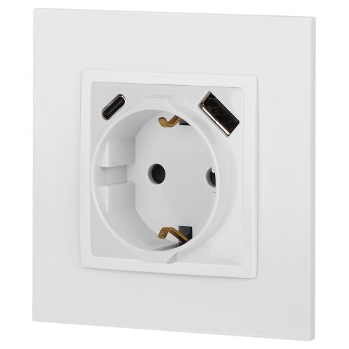  Розетка Elegance 14-4108-01 16A 250В 2P+E защ. шторки с USB type-A+C 3А 5В белый Эра Б0067736 фото в каталоге от BTSprom.by