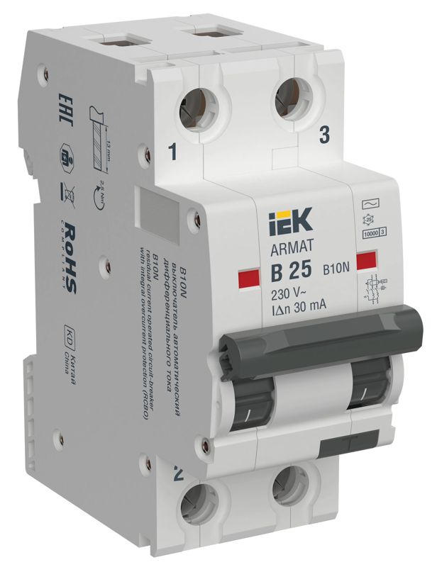 выключатель автоматический дифференциального тока 2п b 25а 30ма тип ac авдт b10n armat iek ar-b10n-2-b025c030 от BTSprom.by