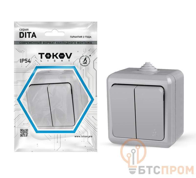  Выключатель 2-кл. ОП Dita IP54 10А 250В сер. TOKOV ELECTRIC TKL-DT-V2-C06-IP54 фото в каталоге от BTSprom.by